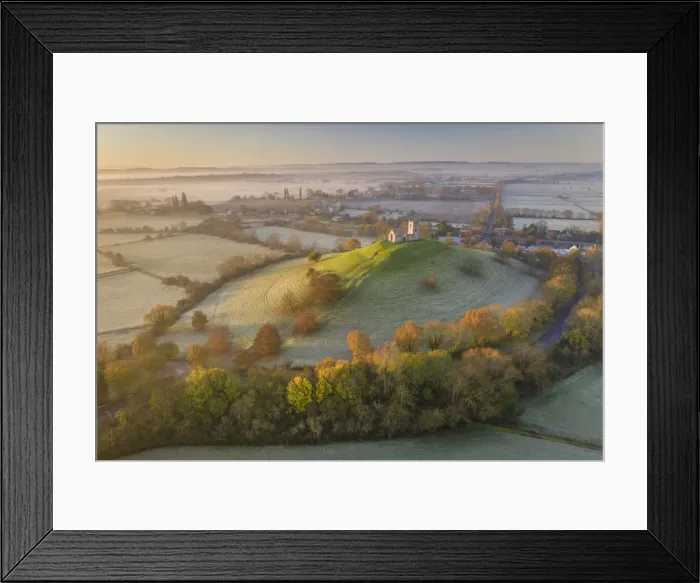 Framed Print : Aerial view of Burrow Mump Church on a beautiful autumn morning, Burrowbridge, Somerset Framed Print : Aerial view of Burrow Mump Church on a beautiful autumn morning, Burrowbridge, Somerset