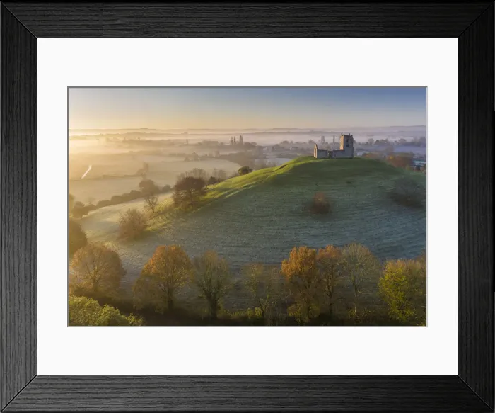 Framed Print : Aerial view of Burrow Mump Church on a beautiful autumn morning, Burrowbridge, Somerset Framed Print : Aerial view of Burrow Mump Church on a beautiful autumn morning, Burrowbridge, Somerset