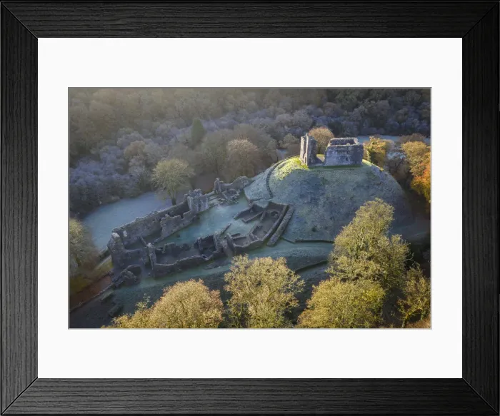 Framed Print : Aerial view of Okehampton Castle on a frosty autumn morning, Okehamton, Devon, England Framed Print : Aerial view of Okehampton Castle on a frosty autumn morning, Okehamton, Devon, England