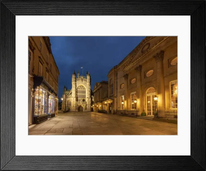 Framed Print : Bath Abbey and the Grand Pump Room along Abbey Churchyard at twilight, Bath, Somerset Framed Print : Bath Abbey and the Grand Pump Room along Abbey Churchyard at twilight, Bath, Somerset
