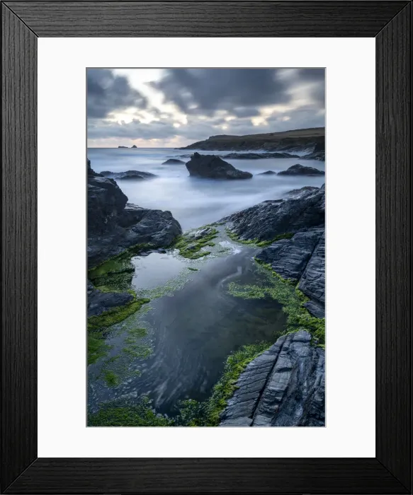 Framed Print : Rocky seashore of Boobys Bay at dusk, Cornwall, England. Summer (August) 2019 Framed Print : Rocky seashore of Boobys Bay at dusk, Cornwall, England. Summer (August) 2019