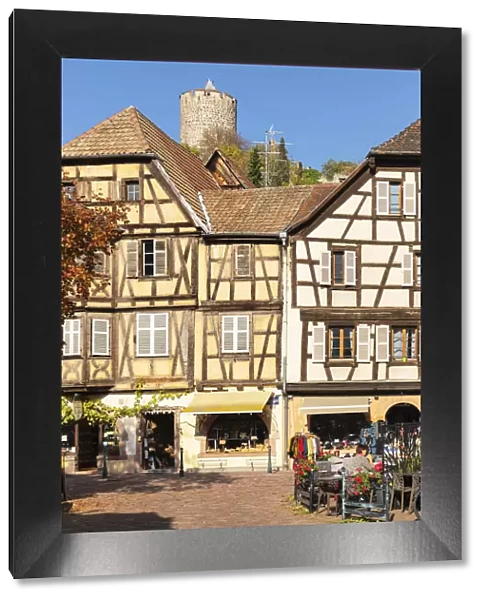 View from the old town to the castle, Kaysersberg, Alsace, Alsatian Wine Route, Haut-Rhin