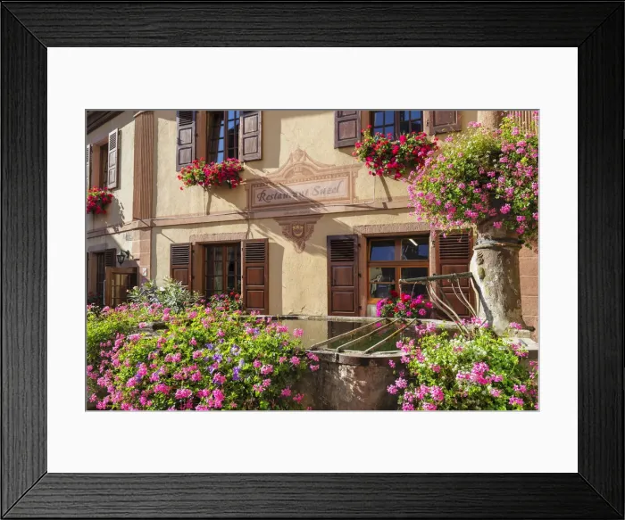 Framed Print : Fountain at Restaurant Suzel in Hunawihr, Alsace, Alsatian Wine Route, Haut-Rhin, France Framed Print : Fountain at Restaurant Suzel in Hunawihr, Alsace, Alsatian Wine Route, Haut-Rhin, France