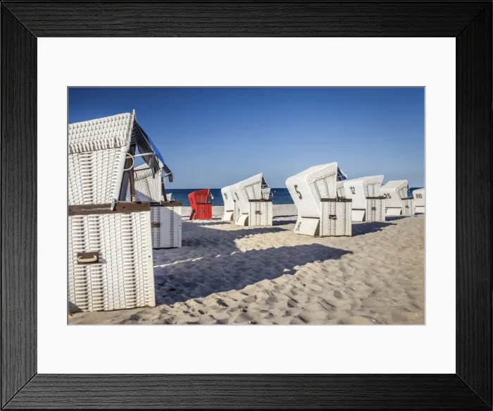 Framed Print : White and red beach chairs in Boltenhagen, Mecklenburg-Western Pomerania Framed Print : White and red beach chairs in Boltenhagen, Mecklenburg-Western Pomerania