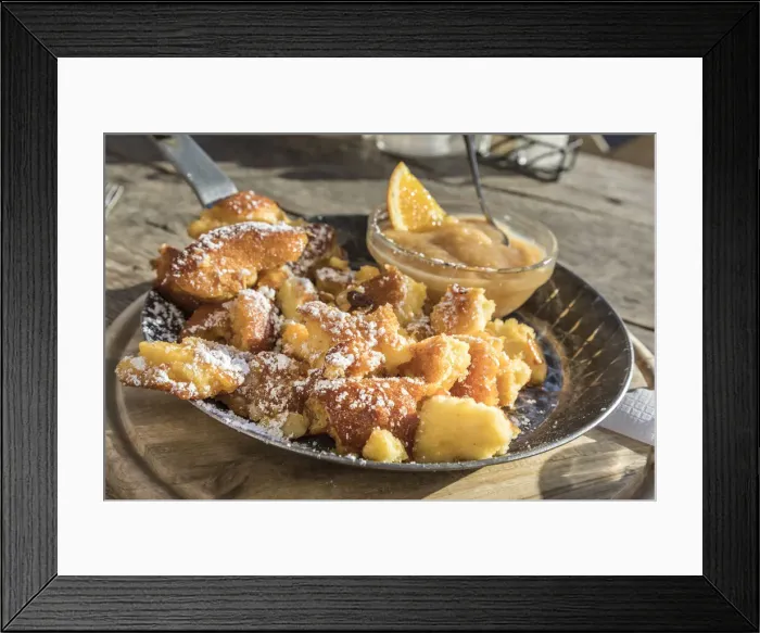 Framed Print : Cut-up and sugared pancake with raisins on mountain hut in Partnachtal Framed Print : Cut-up and sugared pancake with raisins on mountain hut in Partnachtal