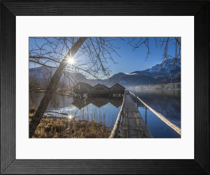 Framed Print : Boathouses at Lake Kochel, Schlehdorf, Upper Bavaria, Bavaria, Germany