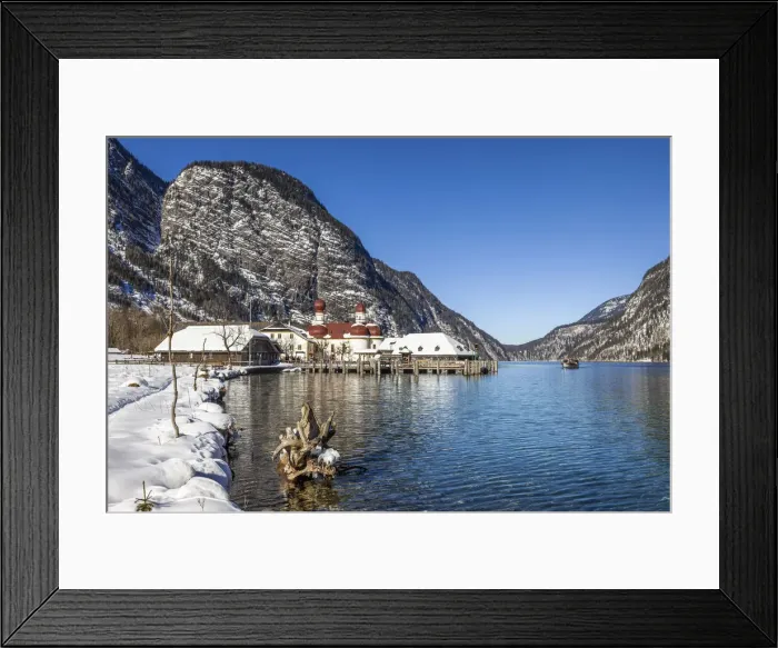 Framed Print : Riverside path to the pilgrimage church of St. Bartholomae am Koenigssee, Upper Bavaria, Bavaria, Germany