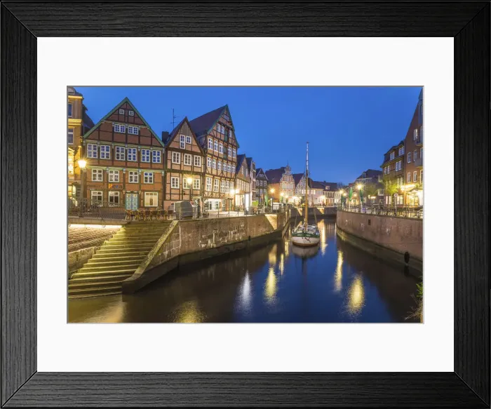 Framed Print : Evening mood at the old Hanseatic harbor in Stade, Lower Saxony, Germany Framed Print : Evening mood at the old Hanseatic harbor in Stade, Lower Saxony, Germany
