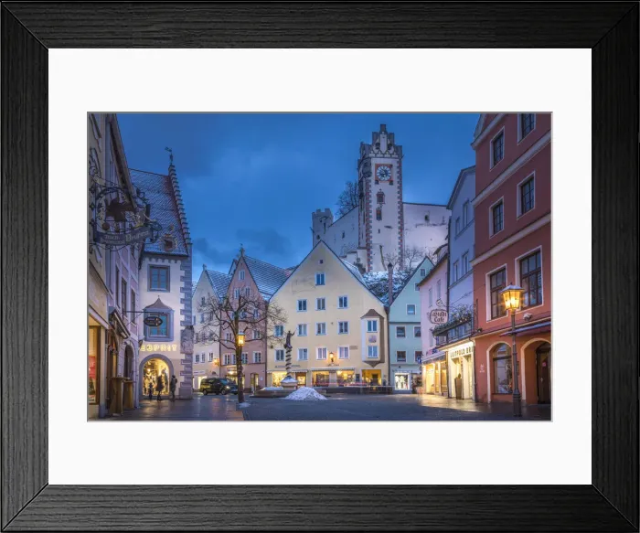 Framed Print : Reichenstrasse in the old town of Fuessen with a view of Hohes Schloss, Allgaeu, Bavaria, Germany Framed Print : Reichenstrasse in the old town of Fuessen with a view of Hohes Schloss, Allgaeu, Bavaria, Germany