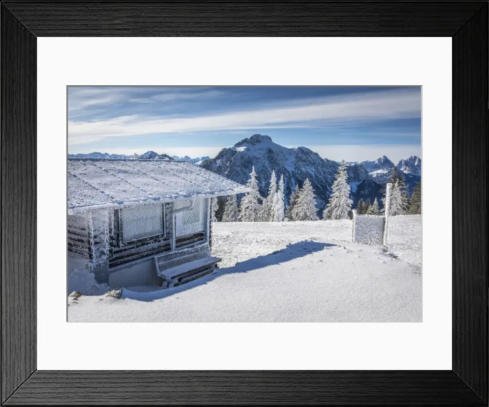 Framed Print : Refuge and snow-covered winter forest on Tegelberg in the Ammer Mountains, Schwangau Framed Print : Refuge and snow-covered winter forest on Tegelberg in the Ammer Mountains, Schwangau