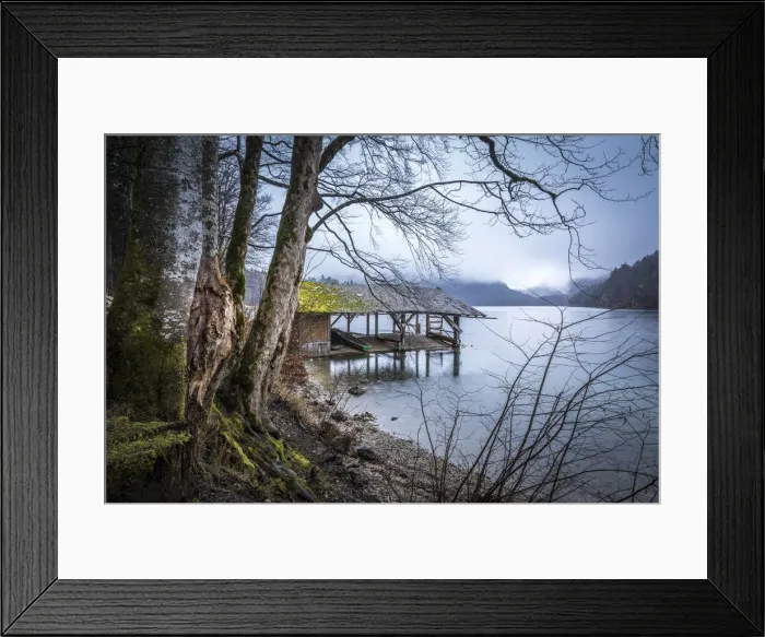 Framed Print : Boathouse at Lake Alpsee in the rain, Schwangau, Allgaeu, Bavaria, Germany