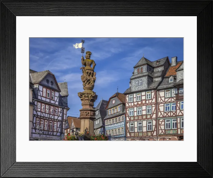 Framed Print : Half-timbered houses and fountains at Katharinenmarkt in Butzbach, Wetterau, Hesse