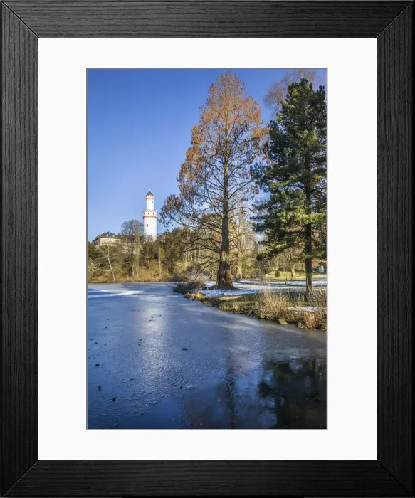 Framed Print : Frozen pond in the palace gardens of Bad Homburg vor der Hoehe with white tower, Taunus, Hesse, Germany Framed Print : Frozen pond in the palace gardens of Bad Homburg vor der Hoehe with white tower, Taunus, Hesse, Germany