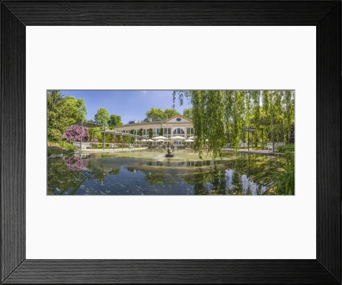 Framed Print : Wandelhalle and frog pond in the spa gardens of Bad Homburg vor der Hoehe, Taunus, Hesse, Germany Framed Print : Wandelhalle and frog pond in the spa gardens of Bad Homburg vor der Hoehe, Taunus, Hesse, Germany