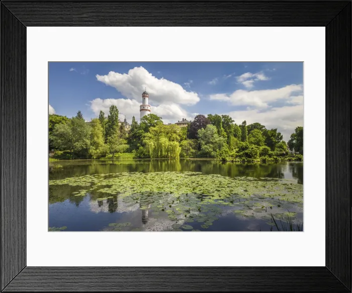 Framed Print : Pond in the palace gardens of Bad Homburg vor der Hoehe with the White Tower, Taunus, Hesse, Germany Framed Print : Pond in the palace gardens of Bad Homburg vor der Hoehe with the White Tower, Taunus, Hesse, Germany