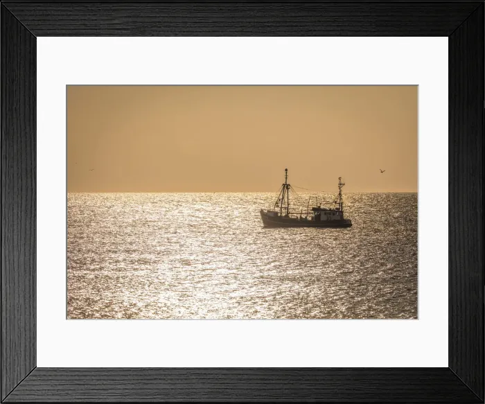 Framed Print : Fishing cutter on the west beach near Kampen in sunset, Sylt, Schleswig-Holstein, Germany Framed Print : Fishing cutter on the west beach near Kampen in sunset, Sylt, Schleswig-Holstein, Germany