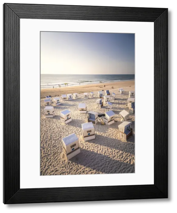 Framed Print : Beach chairs on the Red cliff in Kampen at sunset, Sylt, Schleswig-Holstein, Germany Framed Print : Beach chairs on the Red cliff in Kampen at sunset, Sylt, Schleswig-Holstein, Germany