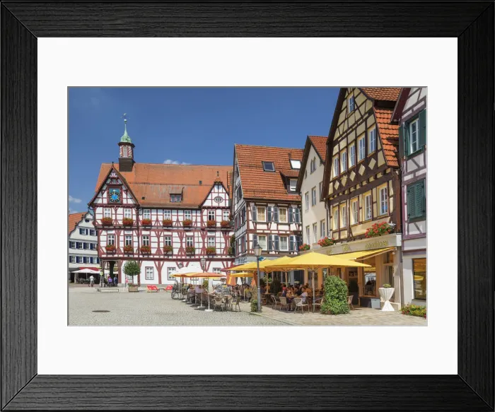 Framed Print : Street cafes on the market square, town hall, Bad Urach, Swabian Alps, Baden-Wurttemberg, Germany Framed Print : Street cafes on the market square, town hall, Bad Urach, Swabian Alps, Baden-Wurttemberg, Germany