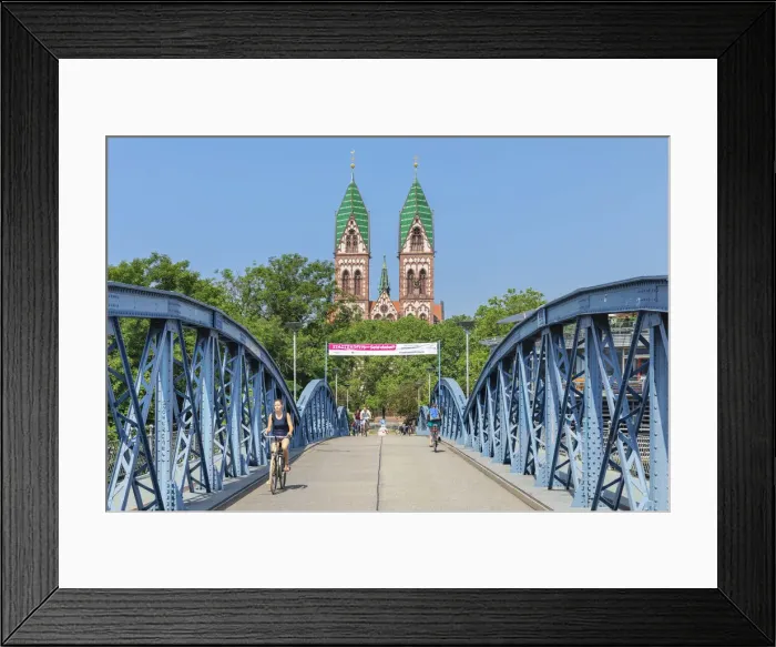 Framed Print : Wiwilibrucke bridge and Herz Jesu Kirche church, Freiburg im Breisgau, Black Forest, Baden-Wurttemberg, Germany