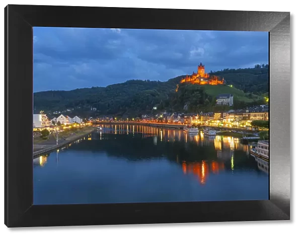 View on Cochem with Cochem castle at dusk, Cochem, Mosel valley, Rhineland-Palatinate