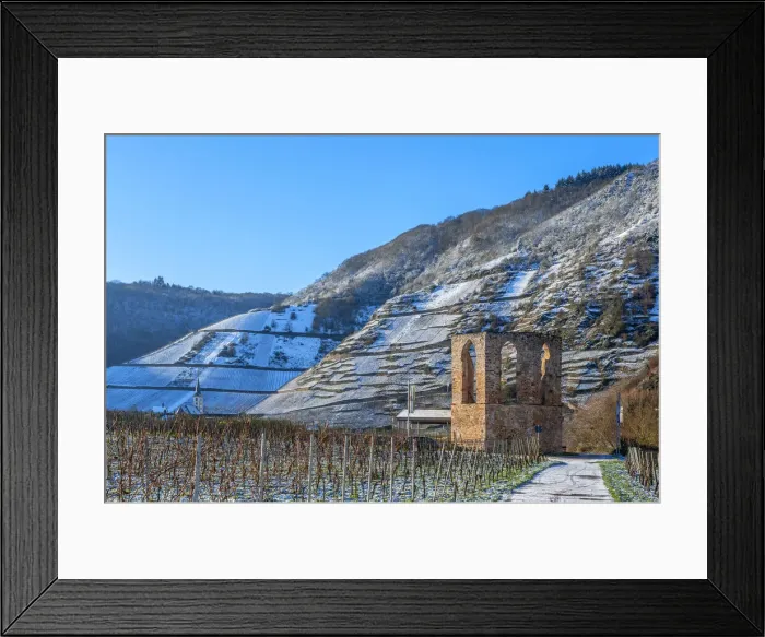 Framed Print : Monastry ruin Stuben with Calmont in winter, Bremm, Mosel valley, Rhineland-Palatinate Framed Print : Monastry ruin Stuben with Calmont in winter, Bremm, Mosel valley, Rhineland-Palatinate