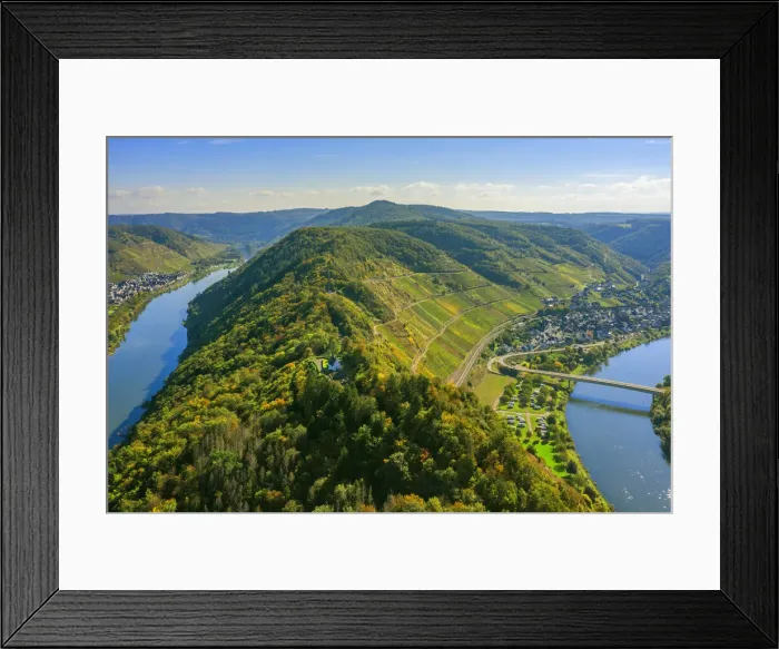 Framed Print : Aerial view at Petersberg chapel, Ediger-Eller and Nehren, Mosel valley, Hunsruck, Rhineland-Palatinate, Germany
