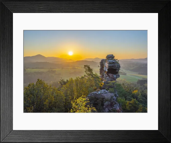 Framed Print : Sunrise above the Luger Geierstein rocks, Lug, Wasgau, Palatinate forest