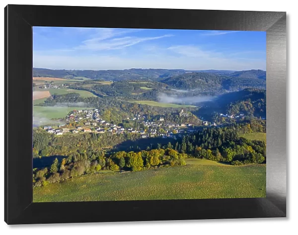 Aerial view on Virneburg with castle ruin, Eifel, Rhineland-Palatinate, Germany