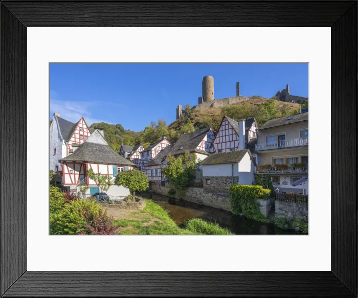 Framed Print : Half-timbered houses at Monreal with Philippsburg castle ruin, Eifel Framed Print : Half-timbered houses at Monreal with Philippsburg castle ruin, Eifel
