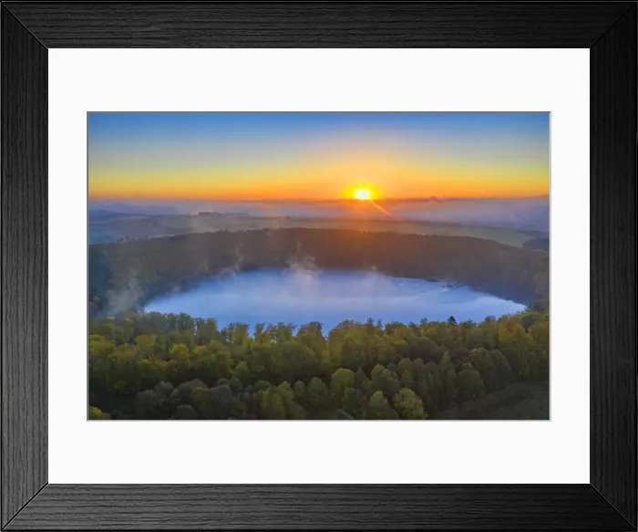 Framed Print : Aerial view on the sunrise above the Pulvermaar, Gillenfeld, Eifel, Rhineland-Palatinate Framed Print : Aerial view on the sunrise above the Pulvermaar, Gillenfeld, Eifel, Rhineland-Palatinate