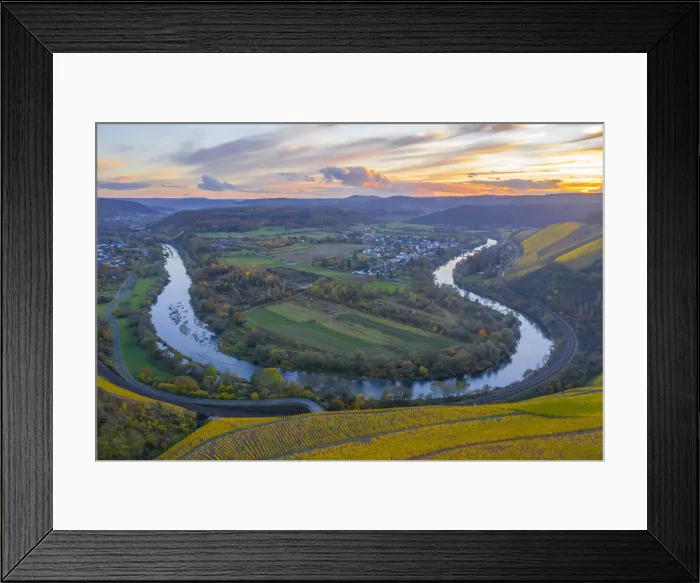 Framed Print : Aerial view on the sunset at the Saar horseshoe bend between Wiltingen and Kanzem with Altenberg vineyard, Saar valley, Hunsruck, Rhineland-Palatinate, Germany Framed Print : Aerial view on the sunset at the Saar horseshoe bend between Wiltingen and Kanzem with Altenberg vineyard, Saar valley, Hunsruck, Rhineland-Palatinate, Germany