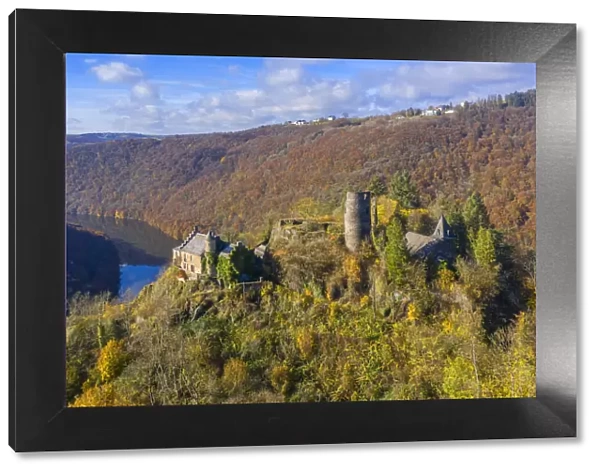 Aerial view at Falkenstein castle ruin with Our valley, Eifel, Rhineland-Palatinate