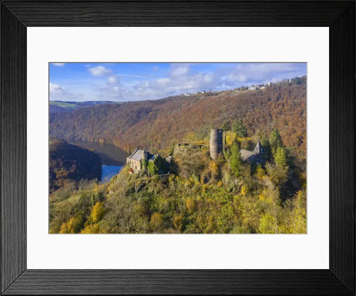Framed Print : Aerial view at Falkenstein castle ruin with Our valley, Eifel, Rhineland-Palatinate Framed Print : Aerial view at Falkenstein castle ruin with Our valley, Eifel, Rhineland-Palatinate