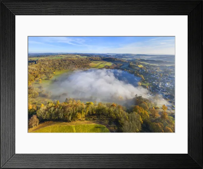 Framed Print : Aerial view on the Schalkenmehren maar lake with morning fog, Schalkenmehren near Daun Framed Print : Aerial view on the Schalkenmehren maar lake with morning fog, Schalkenmehren near Daun