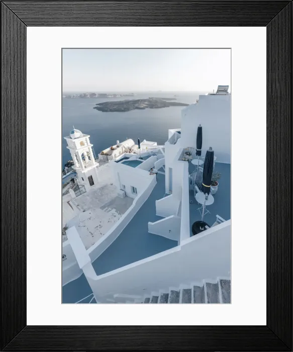 Framed Print : Imerovigli, Santorini, Cyclade Islands, Greece. Stairs and terraces at sunset over Framed Print : Imerovigli, Santorini, Cyclade Islands, Greece. Stairs and terraces at sunset over