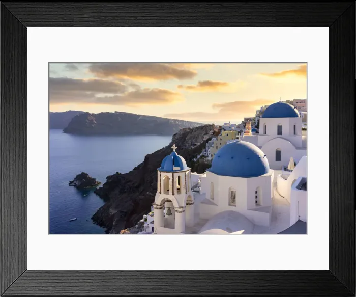 Framed Print : Oia village, Santorini, Cyclades Islands, Greece. Sunset, blue hour Framed Print : Oia village, Santorini, Cyclades Islands, Greece. Sunset, blue hour