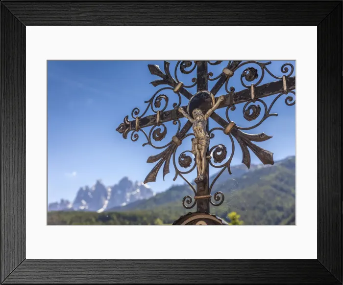 Framed Print : Old grave cross in the cemetery of St. Peter in Villnoess Valley, South Tyrol, Italy