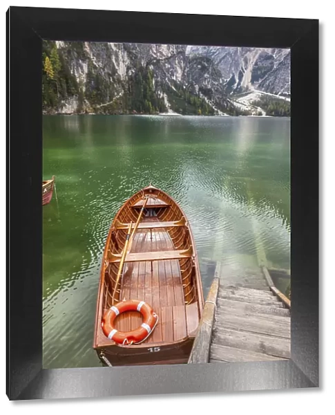Beautiful old wooden rowing boat on Lake Braies, South Tyrol, Italy