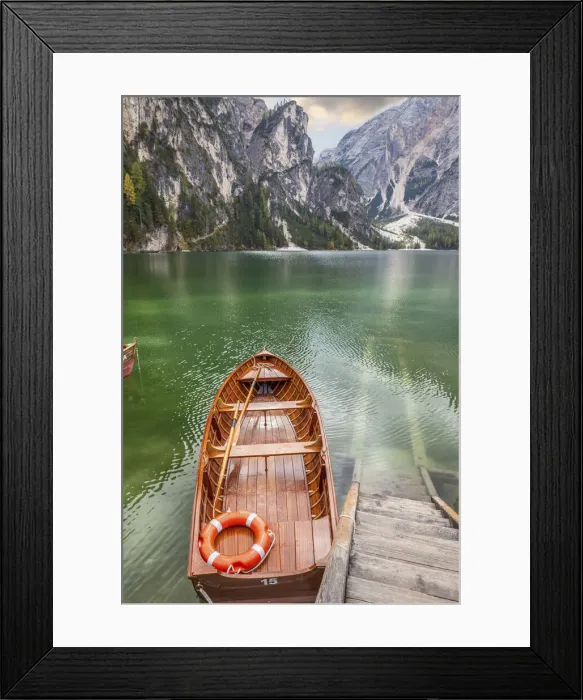 Framed Print : Beautiful old wooden rowing boat on Lake Braies, South Tyrol, Italy Framed Print : Beautiful old wooden rowing boat on Lake Braies, South Tyrol, Italy