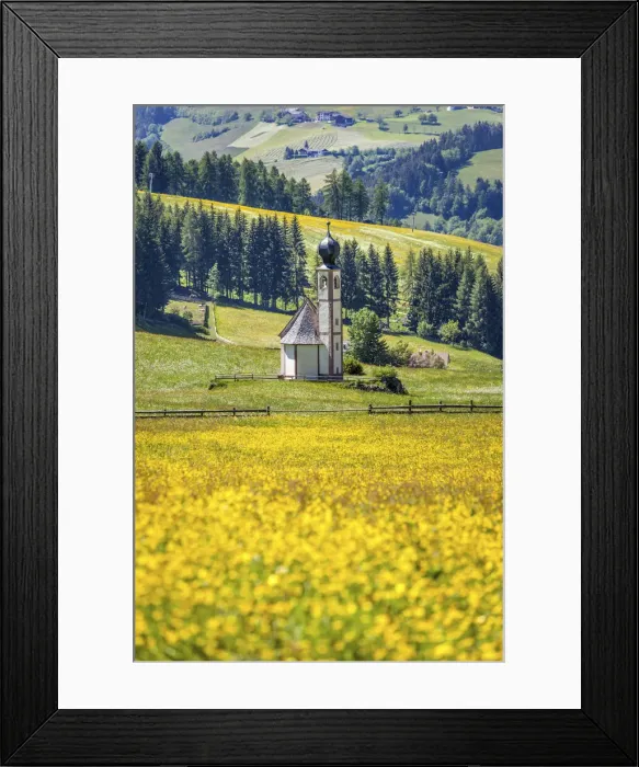 Framed Print : Church of St. Johann in Ranui near St. Magdalena in Villnoess Valley, South Tyrol, Italy