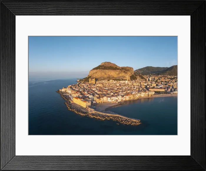 Framed Print : Cefalu, Sicily, Italy. Aerial cityscape at sunset