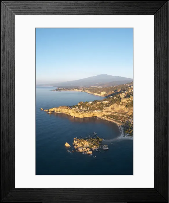 Framed Print : Taormina, Sicily, Italy. Coastal aerial landscape and Mount Etna in the backdrop