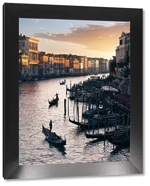 Venice, Veneto, Italy. Gondolas along the Canal Grande at sunset