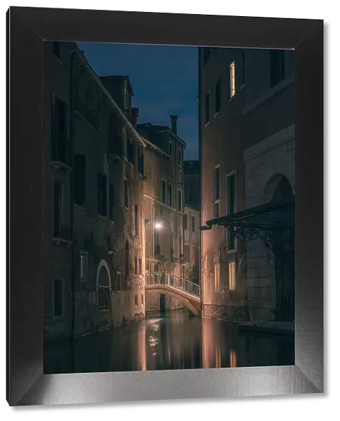 Venice, Veneto, Italy. Backstreet canals in San Marco at night