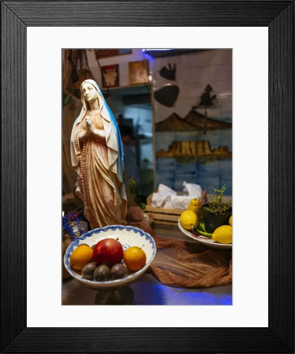 Framed Print : Statuette of the Madonna in a typical restaurant, Naples, Italy Framed Print : Statuette of the Madonna in a typical restaurant, Naples, Italy