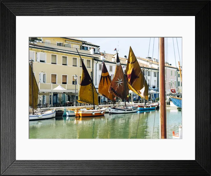 Framed Print : Porto Canale Leonardesco, Port in Emilia Romagna with typical sailing boats Framed Print : Porto Canale Leonardesco, Port in Emilia Romagna with typical sailing boats