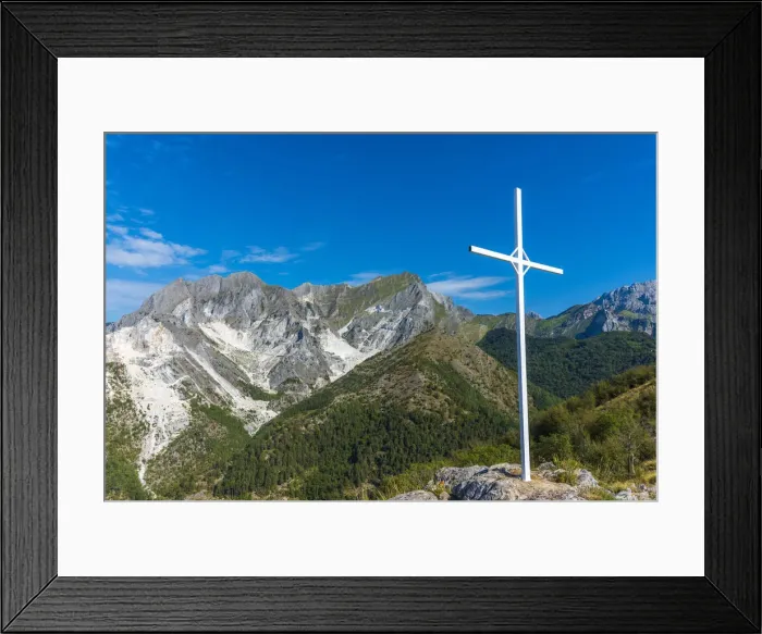 Framed Print : Europe, Italy, Tuscany. The marble quarries and the summit cross of Monte Tamburone above Framed Print : Europe, Italy, Tuscany. The marble quarries and the summit cross of Monte Tamburone above