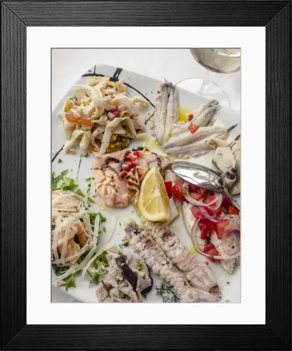 Framed Print : Europe, Italy, Marches. Mixed seafood platter for starter in a local restaurant Framed Print : Europe, Italy, Marches. Mixed seafood platter for starter in a local restaurant