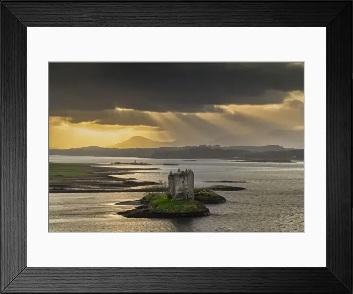 Framed Print : Sunrays over Castle Stalker, Appin, Argyll & Bute, Scotland Framed Print : Sunrays over Castle Stalker, Appin, Argyll & Bute, Scotland