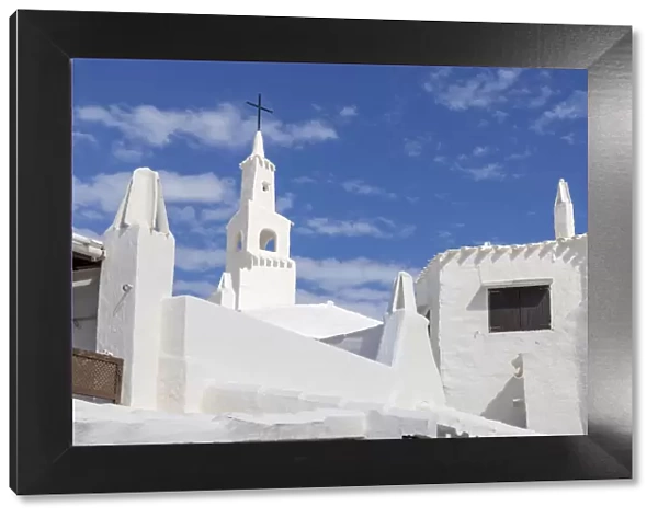 Whitewashed Church & houses in Binibeca Vell, Menorca, Minorca, Balearic Islands, Spain